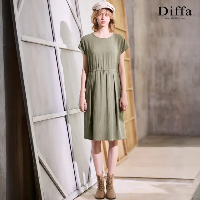 【Diffa】連袖車褶連身洋裝-女