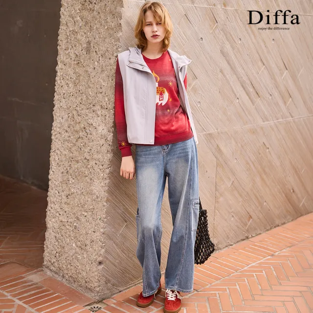 【Diffa】刷色貼袋工裝牛仔長褲-女(丹寧)