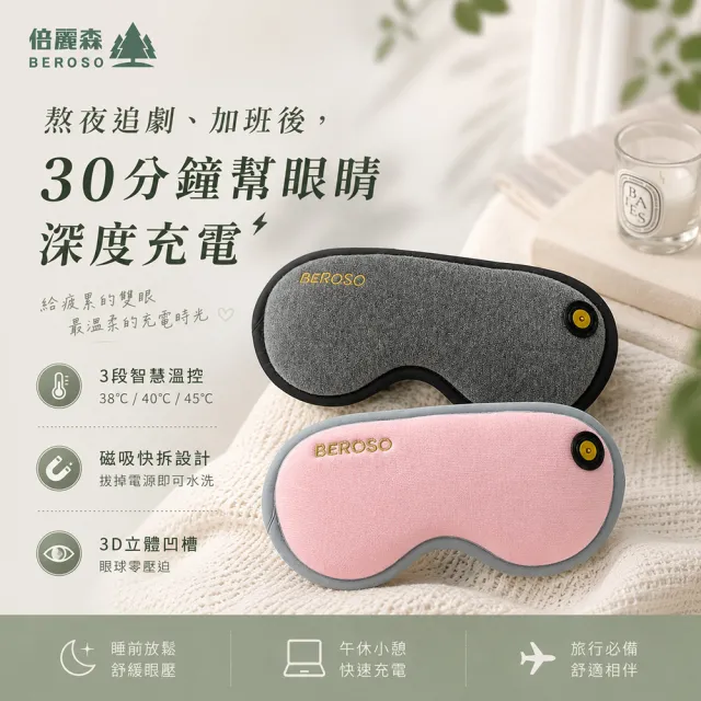 【Beroso 倍麗森】磁吸式三段溫控定時立體熱敷眼罩A00029( 睡眠眼罩 禮物 雙11)