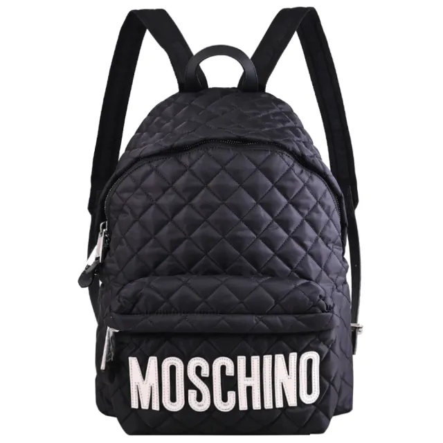 【MOSCHINO】亮銀LOGO菱格尼龍雙拉鍊大旅用包後背包(黑)