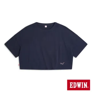 【EDWIN】女裝 簡約標語寬短版短袖T恤(丈青色)