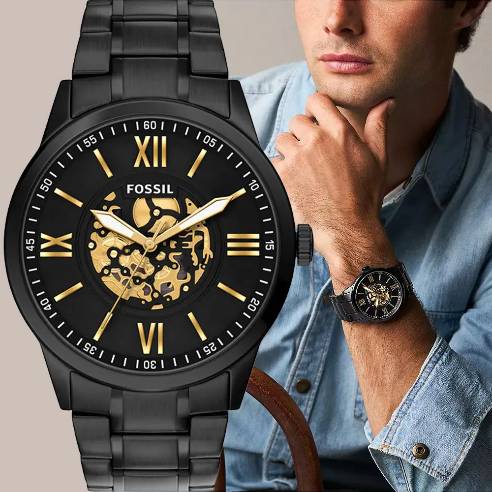 【FOSSIL】Flynn 時尚機械花紋面盤大錶徑石英手錶-金x黑/48mm 送禮 禮物 推薦(BQM7130)