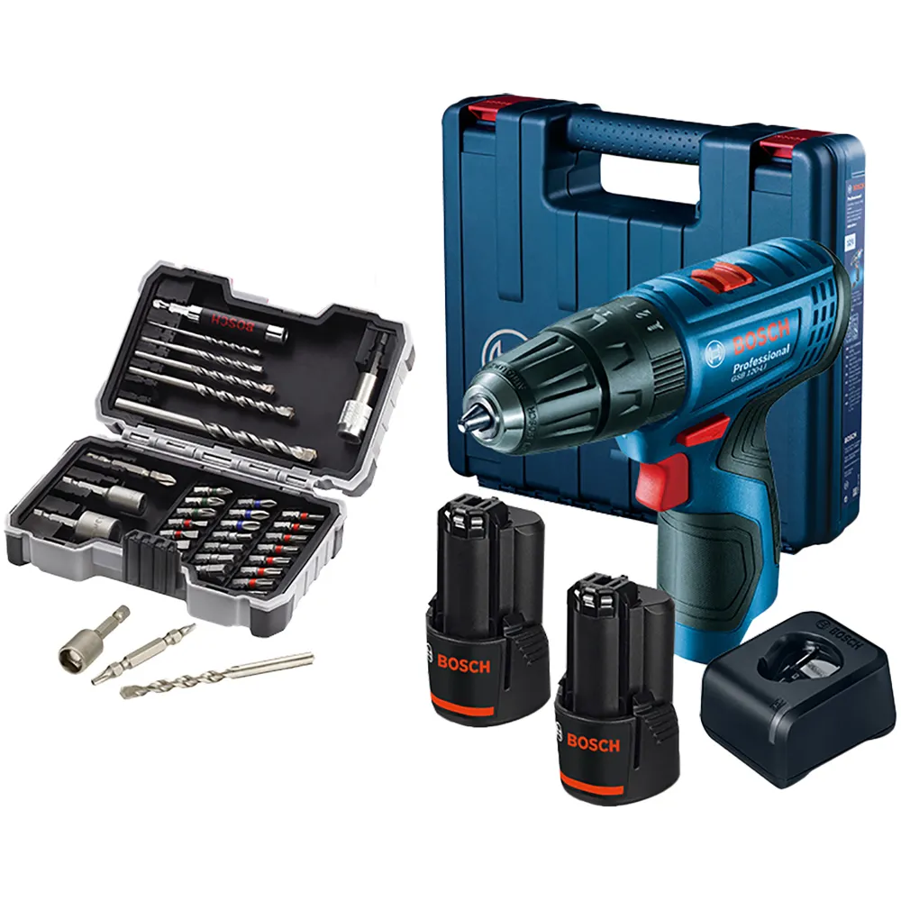 【BOSCH 博世】momo獨家 12V鋰電震動電鑽鉑金雙電套裝(GSB 120-LI+35件水泥鑽頭起子頭組)