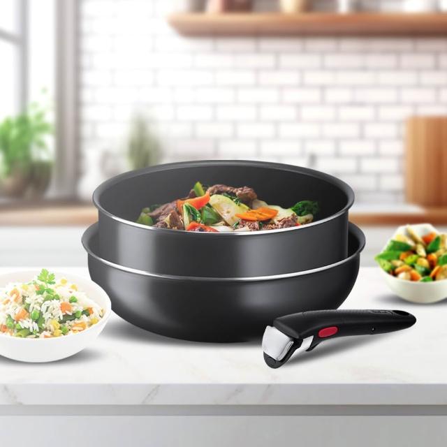 【Tefal 特福】momo獨家 法國製巧變精靈系列可拆式不沾鍋2鍋3件組-沉靜黑(26炒鍋+24深煎鍋+可拆把手)
