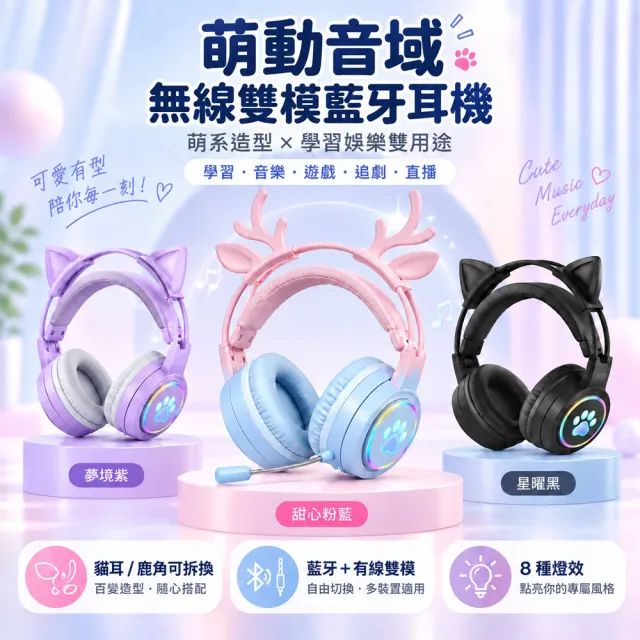 萌動音域無線雙模藍牙耳機（可拆式貓耳/鹿角/耳罩式/萌系耳機/電競耳機/遊戲/英語學習）