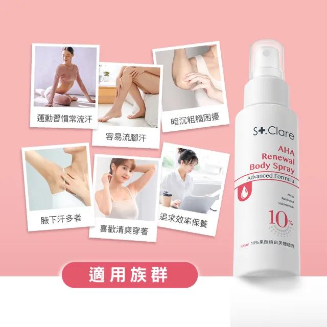 【St.Clare 聖克萊爾】2%水楊酸背痘噴霧100ml+10%果酸煥白美體噴霧100ml
