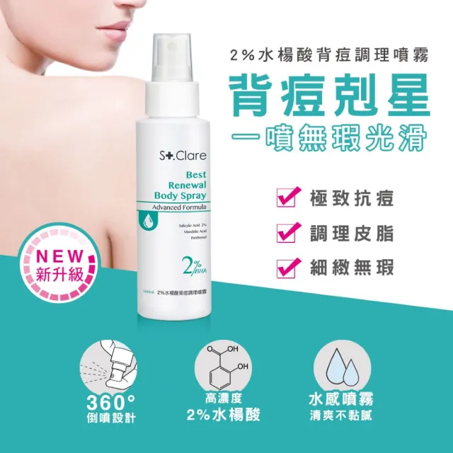 【St.Clare 聖克萊爾】2%水楊酸背痘噴霧100ml+10%果酸煥白美體噴霧100ml