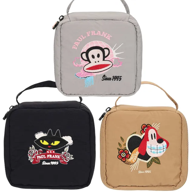 【Paul Frank 大嘴猴】官方直營 品牌刺繡盥洗包(淺灰色/黑色/中卡其色)