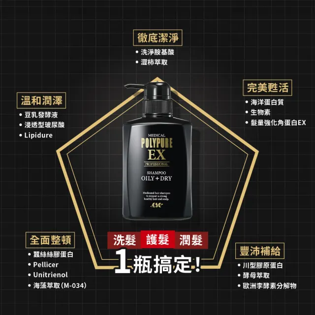 【Polypure 多立寶】豐盈洗髮精350mLx4入組(頭皮養護 控油蓬鬆 油性頭皮 去除異味)