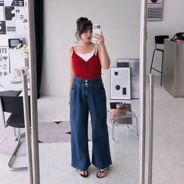 【Want-Meow】110公斤可穿/獨家鬆緊褲頭有彈性牛仔寬褲中高腰牛仔長褲牛仔褲(大尺碼/大碼/牛仔褲)