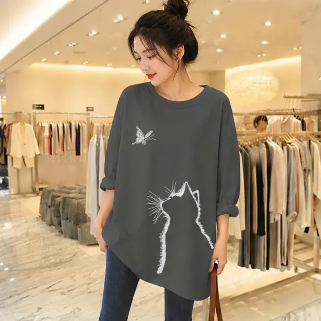 【LANNI 藍尼】★簡筆貓咪印花長袖T恤(女裝/女上衣/休閒/百搭/日系/通勤)