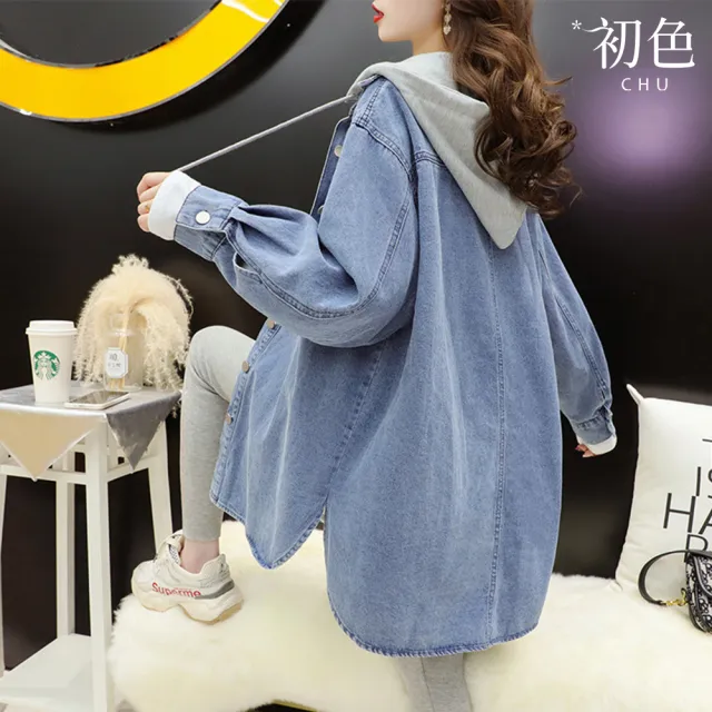 【初色】慵懶風純色口袋鈕扣寬鬆百搭牛仔連帽上衣外套女外套-藍色-54083(M-XL可選★)