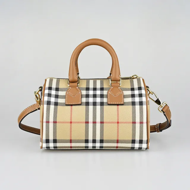 【BURBERRY 巴寶莉】BURBERRY精品格紋帆布小牛皮拉鍊手提斜背包(迷你/典藏米棕)