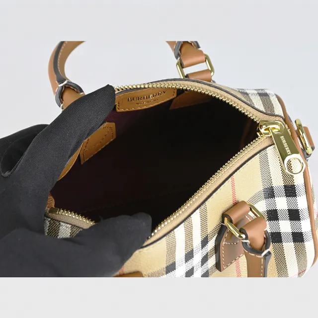 【BURBERRY 巴寶莉】BURBERRY精品格紋帆布小牛皮拉鍊手提斜背包(迷你/典藏米棕)