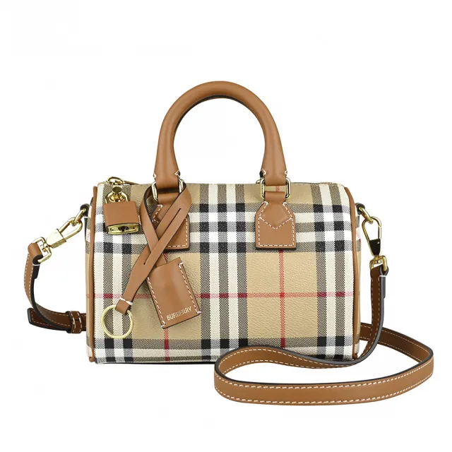 【BURBERRY 巴寶莉】BURBERRY精品格紋帆布小牛皮拉鍊手提斜背包(迷你/典藏米棕)