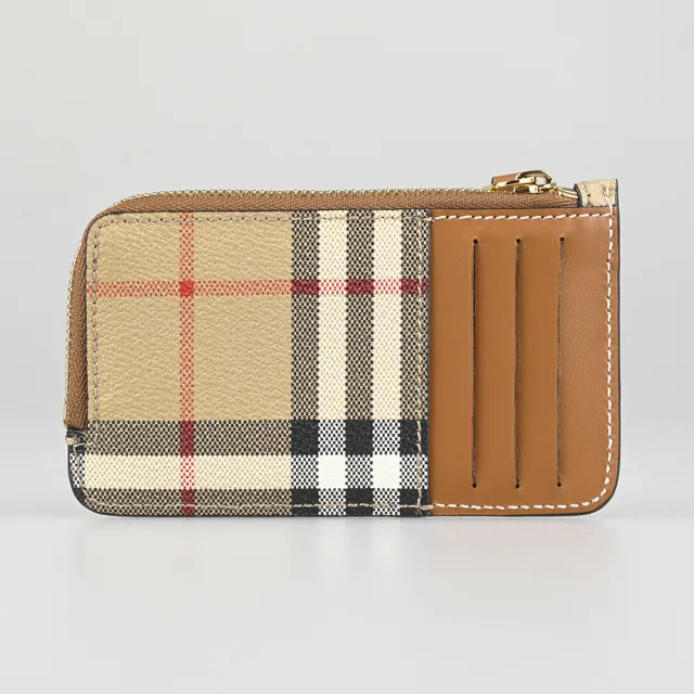 【BURBERRY 巴寶莉】BURBERRY精品格紋帆布小牛皮卡夾拉鍊零錢包(4卡/典藏米X棕)