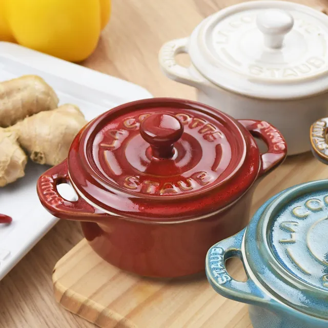 【STAUB】波爾多紅琺瑯鑄鐵飯鍋16cm+烤盅10cm+飯匙(德國雙人牌集團官方直營)
