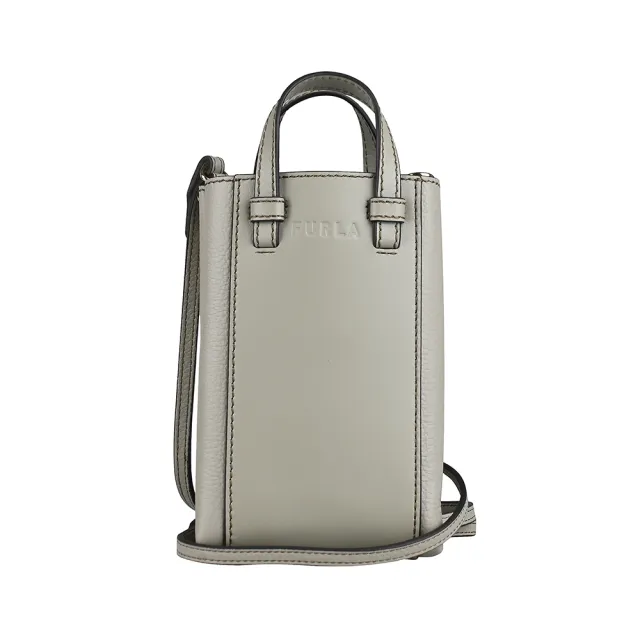 【FURLA 芙拉】FURLA MIASTELLA字母壓印LOGO小牛皮手提斜背兩用包(中/大理石灰x棕)