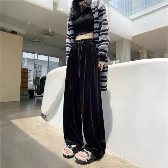 【AKARA】中大尺碼 女裝 秋冬 金絲絨閃光亮面質感休閒運動長褲寬褲 #glitter #akara #trouser