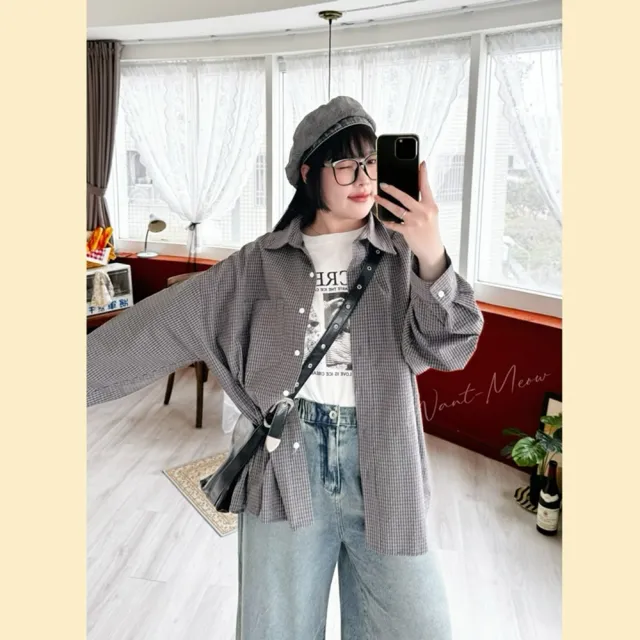 【Want-Meow】100公斤可穿/寬鬆百搭格紋長版襯衫上衣(大碼上衣/大碼/大尺碼/襯衫)