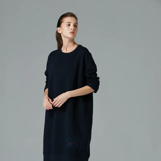 【SKY YARD】休閒刺繡長版刷毛衛T上衣-丈青