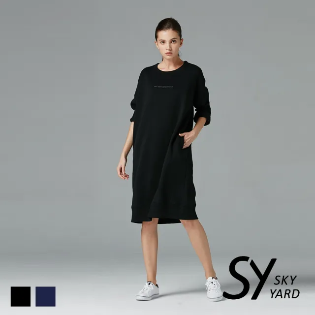 【SKY YARD】休閒刺繡長版刷毛衛T上衣-丈青