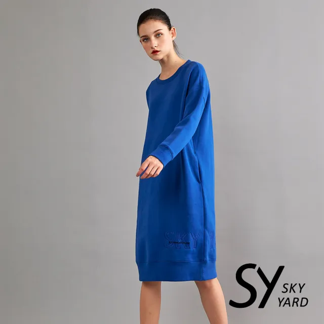 【SKY YARD】休閒刺繡長版刷毛衛T上衣-藍色