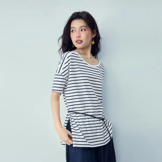 【GIORDANO 佐丹奴】女裝純棉寬鬆落肩條紋短袖T恤(多色任選)