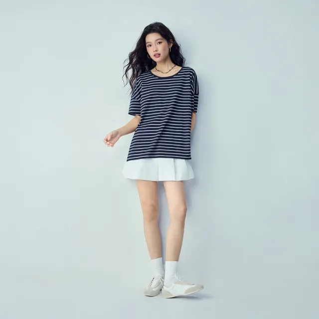 【GIORDANO 佐丹奴】女裝純棉寬鬆落肩條紋短袖T恤(多色任選)