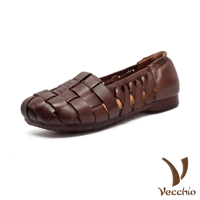【Vecchio】真皮樂福鞋 低跟樂福鞋/全真皮頭層牛皮擦色縷空編織透氣低跟樂福鞋(咖)