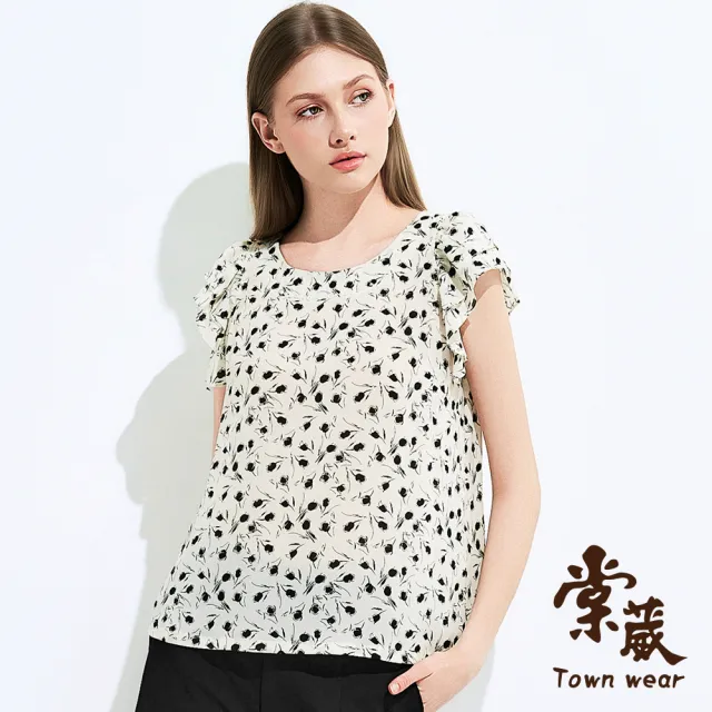 【TOWN’WEAR 棠葳】珠韻花繪荷葉上衣(女上衣/女上著/印花/荷葉袖/珍珠/甜美風/優雅風/氣質)