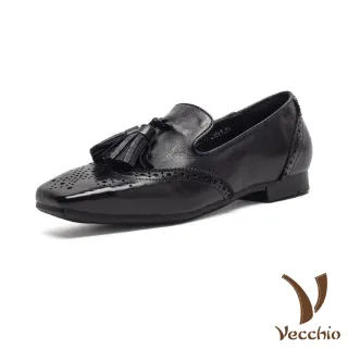 【Vecchio】真皮樂福鞋 低跟樂福鞋/全真皮頭層牛皮復古小方頭布洛克雕花低跟樂福鞋(黑)