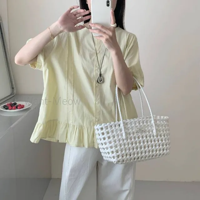 【Want-Meow】90公斤可穿/日系小清新前排釦下擺木耳邊短袖襯衫上衣短袖T(大碼上衣/大碼/大尺碼/短袖上衣)