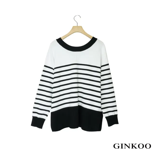 【GINKOO 俊克】條紋V領七分袖針織衫