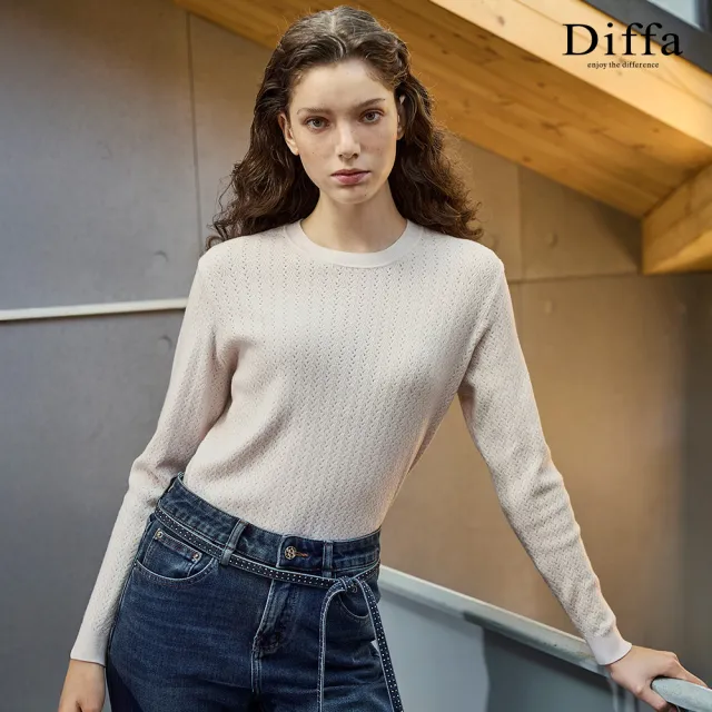 【Diffa】波浪織紋圓領毛衣-女