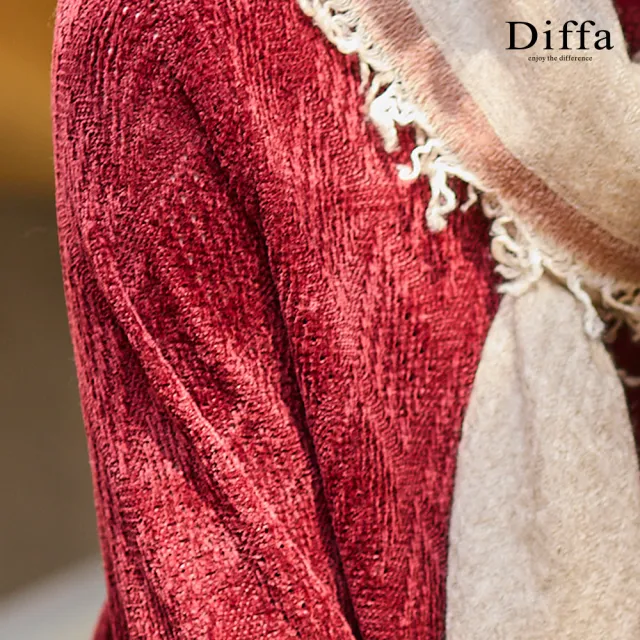 【Diffa】圓領植絨拼接羅紋針織衫-女