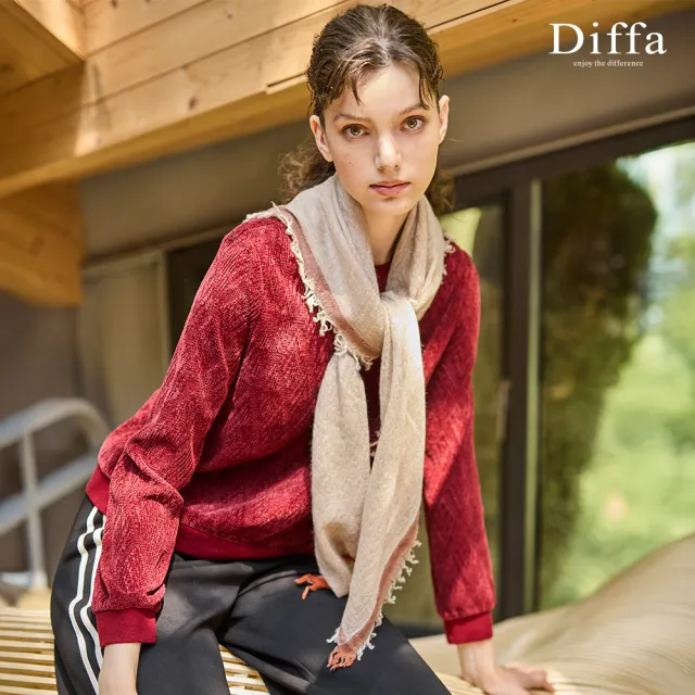 【Diffa】圓領植絨拼接羅紋針織衫-女