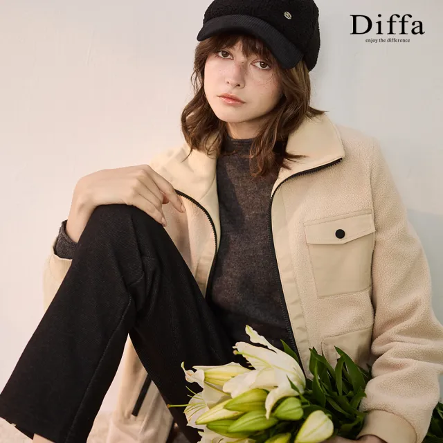 【Diffa】立領貼袋異素材拼接搖粒絨外套-女
