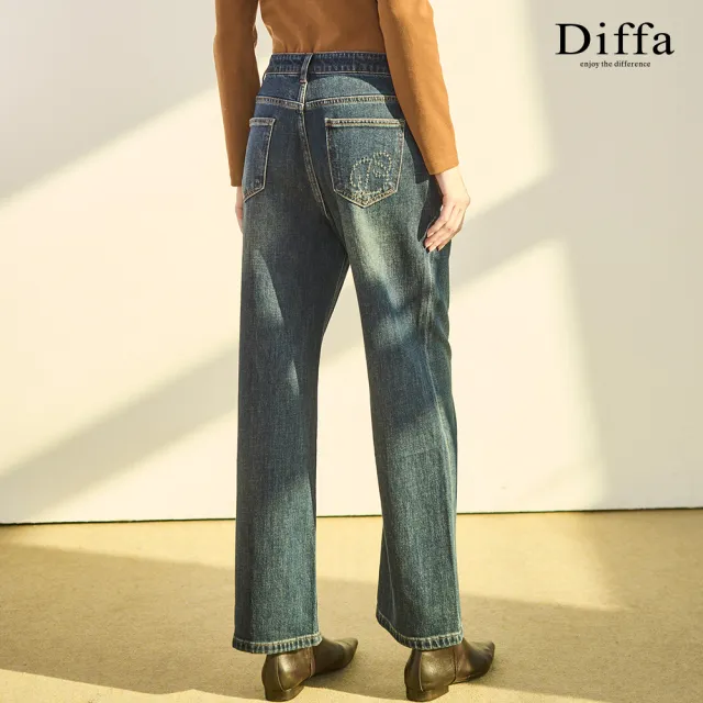 【Diffa】後口袋D字挑洞牛仔長寬褲-女(丹寧)
