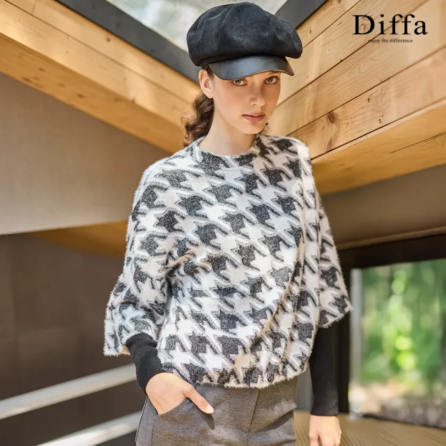 【Diffa】千鳥格織紋立領落肩針織衫-女