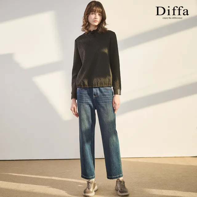【Diffa】領抽繩菱格織紋針織衫-女