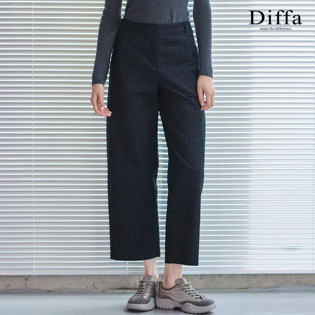 【Diffa】黑格織紋褲口車褶長褲-女