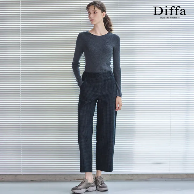 【Diffa】黑格織紋褲口車褶長褲-女