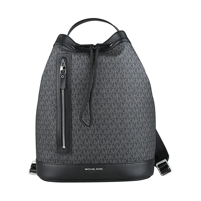 【Michael Kors】MICHAEL KORS HUDSON銀字LOGO印花PVC拼牛皮抽繩束口後背包(黑x炭灰)