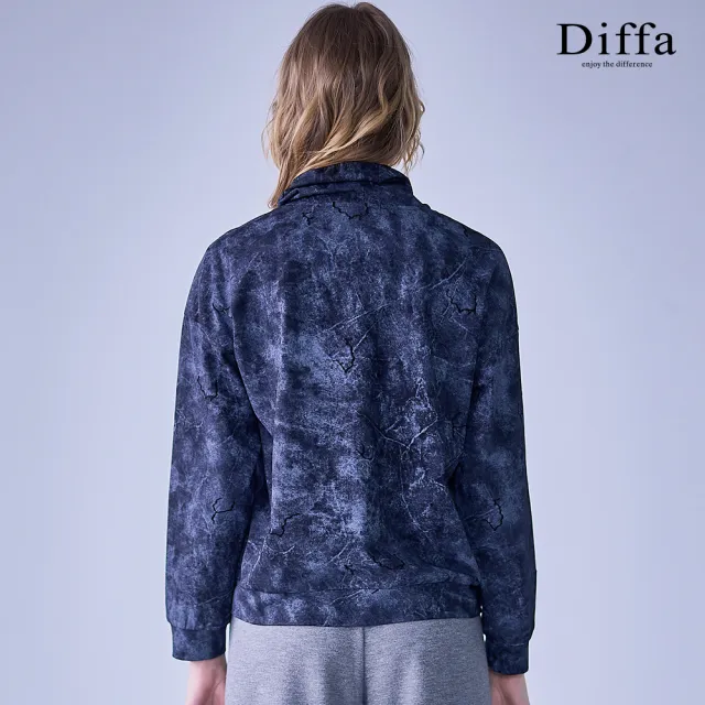 【Diffa】斑駁燒花領抽繩落肩長袖針織衫-女