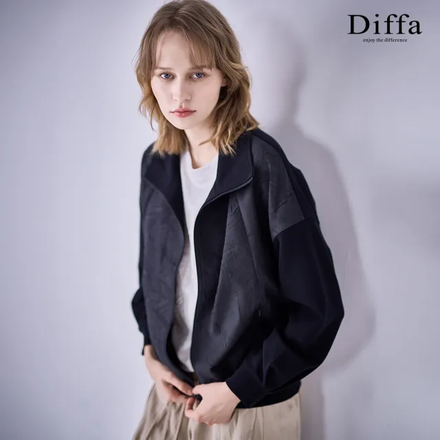 【Diffa】葉紋壓皺異素材拼接立領外套-女
