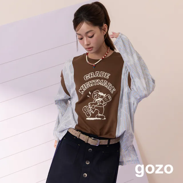 【gozo】成績噩夢異材質拼接印染大學T(灰色/深咖)