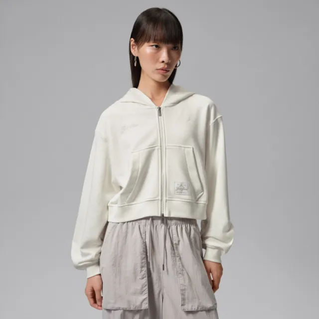 【NIKE 耐吉】連帽外套 女 AS W J BRK ESS+ FLC MD CRP FZ 運動 休閒 喬丹 短版 寬鬆 白 (IZ5785133)