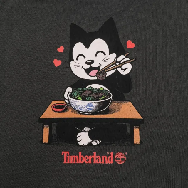 【Timberland】中性黑色厚磅寬版短袖貓圖案T恤(0YHV1001)