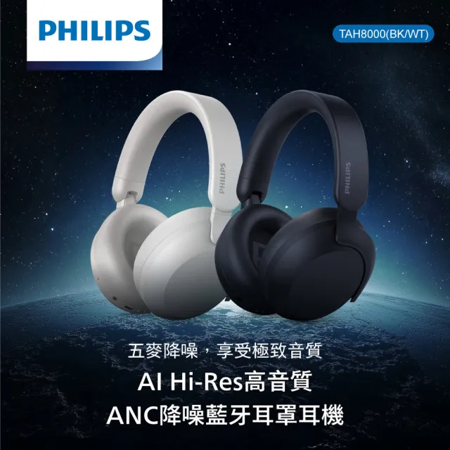 【Philips 飛利浦】AI Hi-Res高音質ANC降噪藍牙耳罩耳機-TAH8000